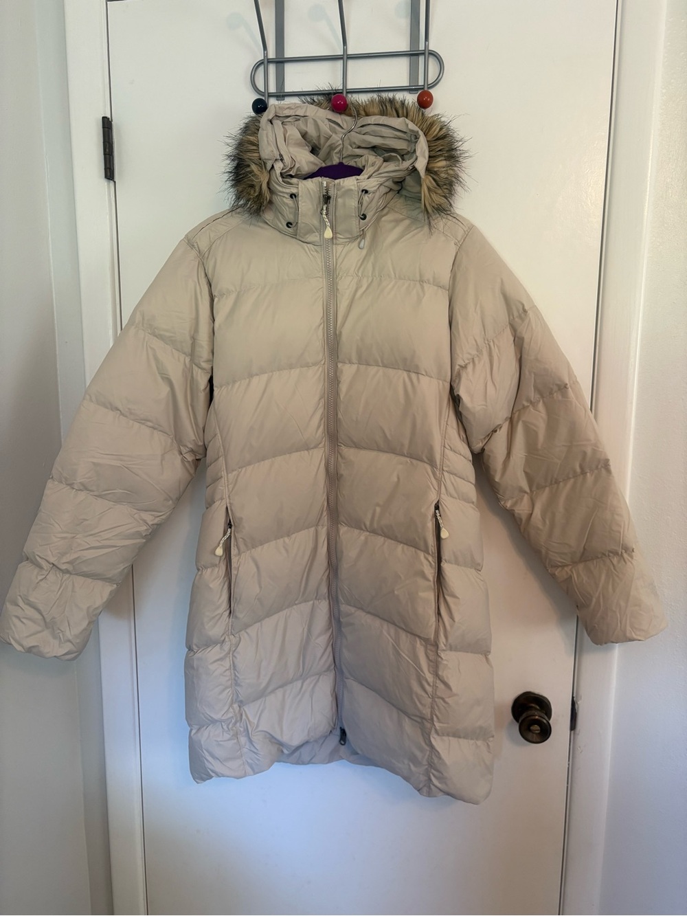 Mountain Hardwear Women's Long Puffer Coat with Faux Fur Trim - Beige